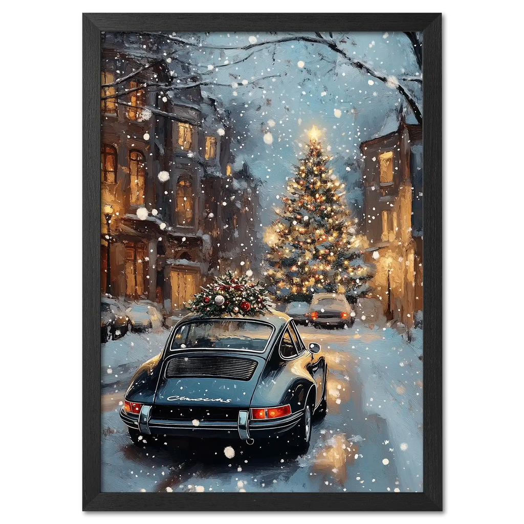 Christmas Drive - Holiday Joyride - Poster featuring a vintage car in a snowy street with a holiday tree.