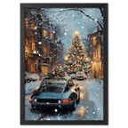 Christmas Drive - Holiday Joyride - Poster featuring a vintage car in a snowy street with a holiday tree.