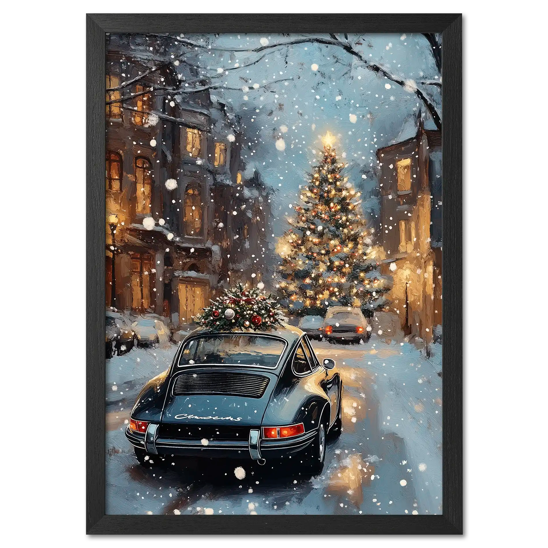 Christmas Drive - Holiday Joyride - Poster featuring a vintage car in a snowy street with a holiday tree.