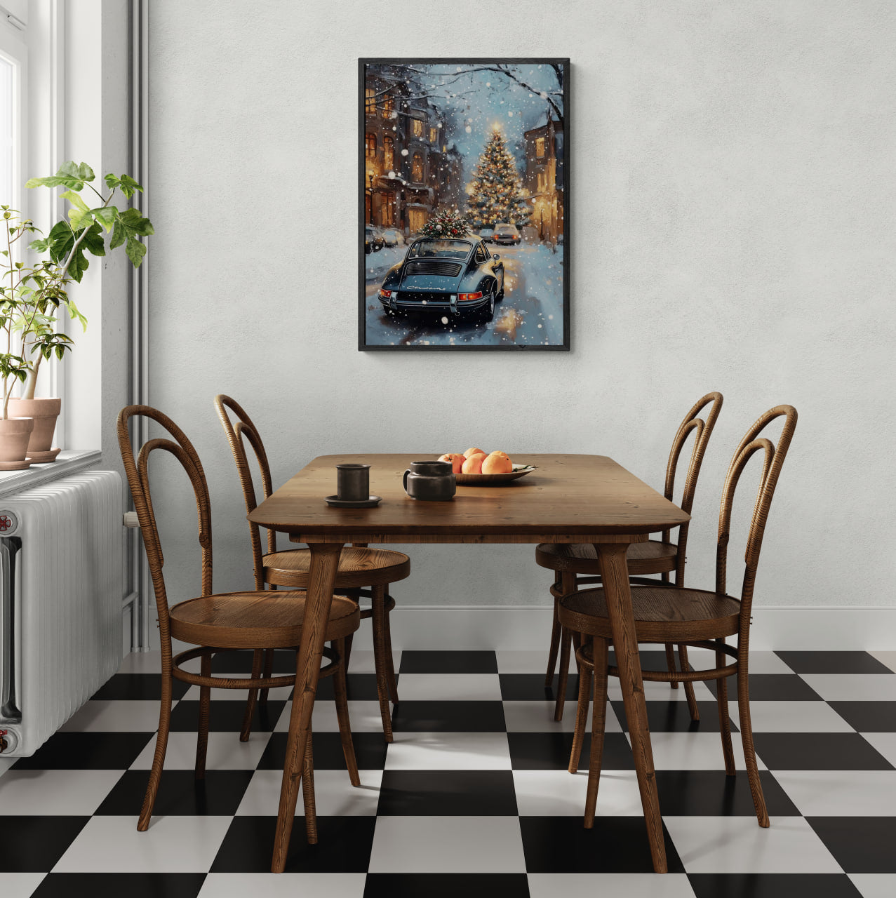 Christmas Drive - Holiday Joyride - Poster displayed in a cozy dining room featuring a vintage car and Christmas tree.