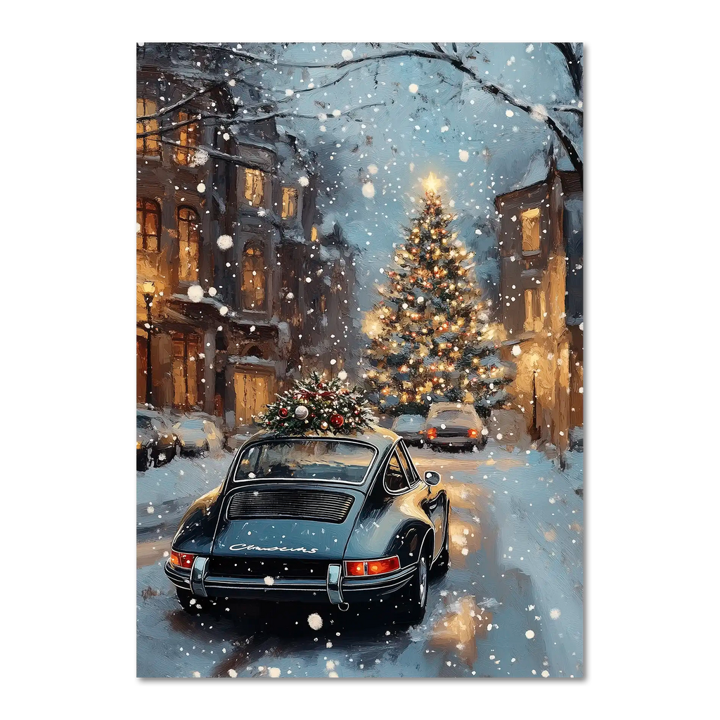 Christmas Drive - Holiday Joyride - Poster featuring a vintage car on a snowy street with a glowing Christmas tree.