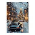 Christmas Drive - Holiday Joyride - Poster featuring a vintage car on a snowy street with a glowing Christmas tree.