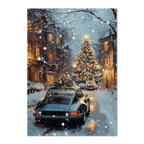 Christmas Drive - Holiday Joyride - Poster featuring a vintage car on a snowy street with a glowing Christmas tree.