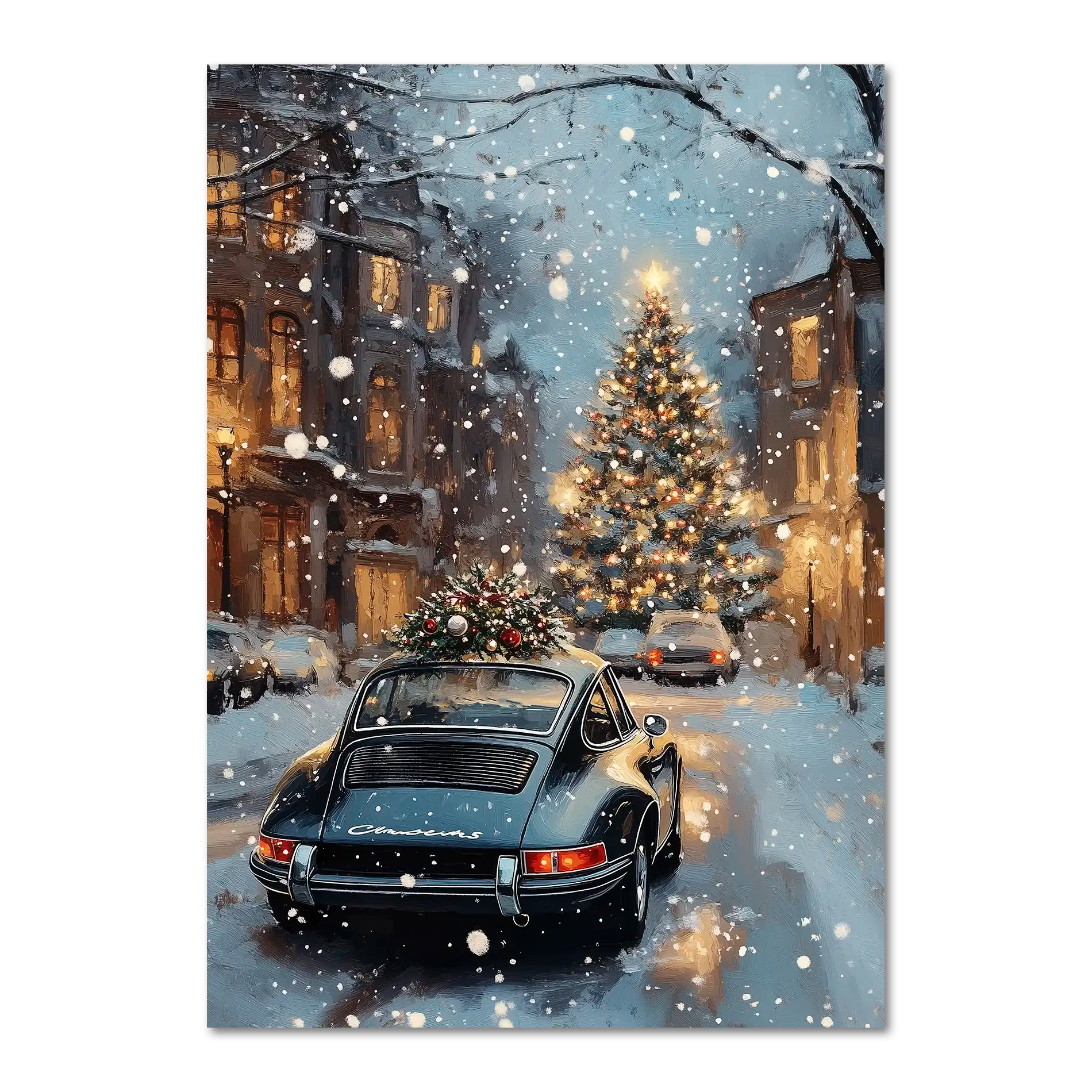Christmas Drive - Holiday Joyride - Poster featuring a vintage car on a snowy street with a glowing Christmas tree.