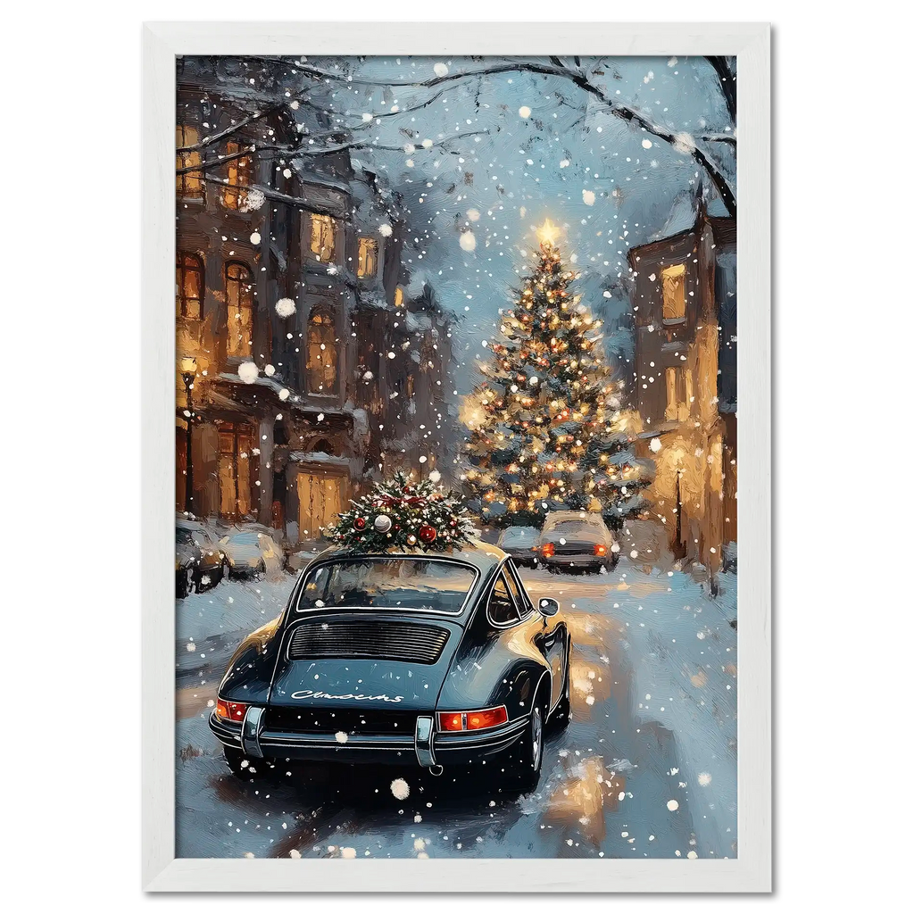 Christmas Drive - Holiday Joyride - Poster featuring a vintage car in a snowy street with a decorated Christmas tree.