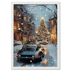 Christmas Drive - Holiday Joyride - Poster featuring a vintage car in a snowy street with a decorated Christmas tree.
