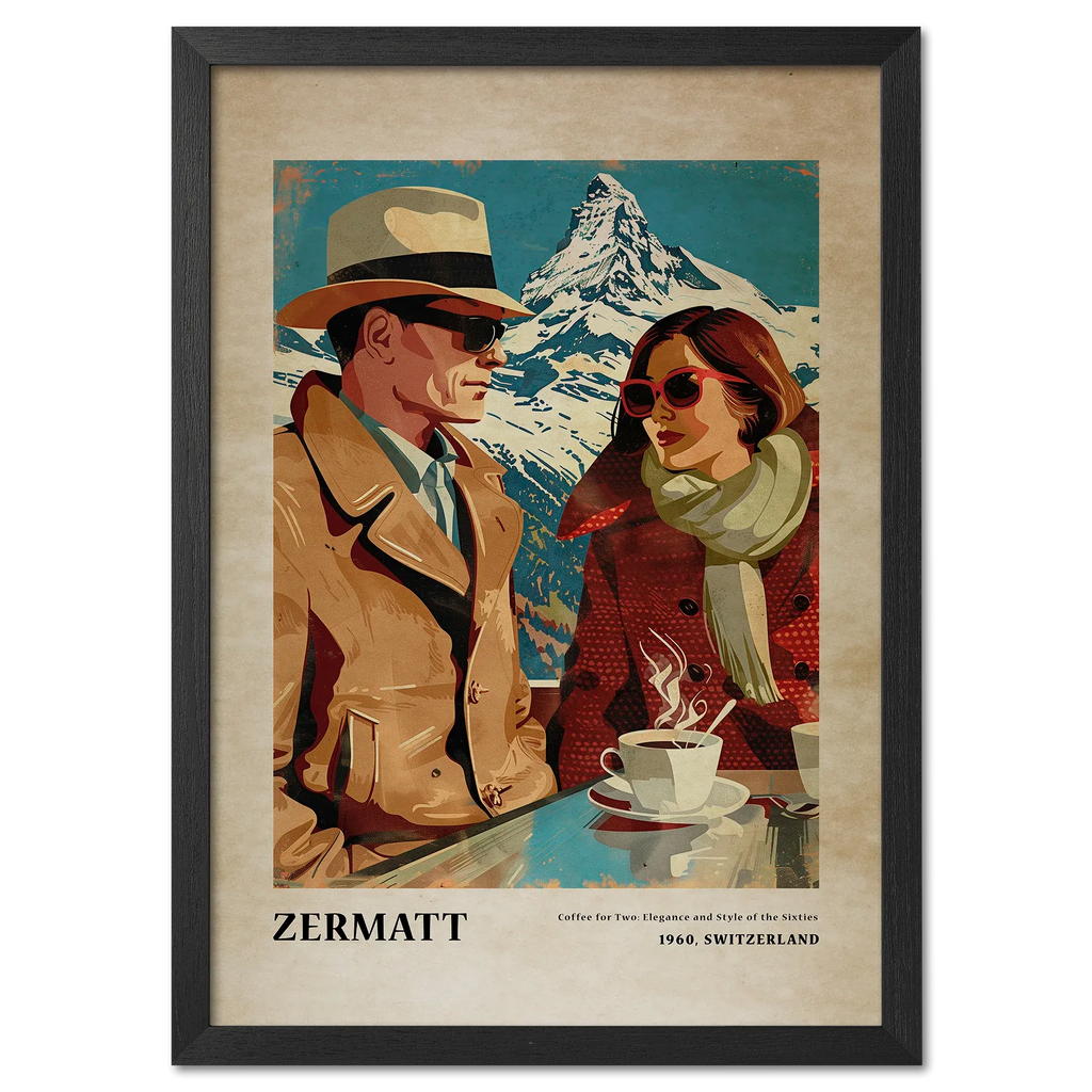 Coffee for Two,Zermatt - Poster featuring a stylish couple enjoying coffee with the Matterhorn backdrop.