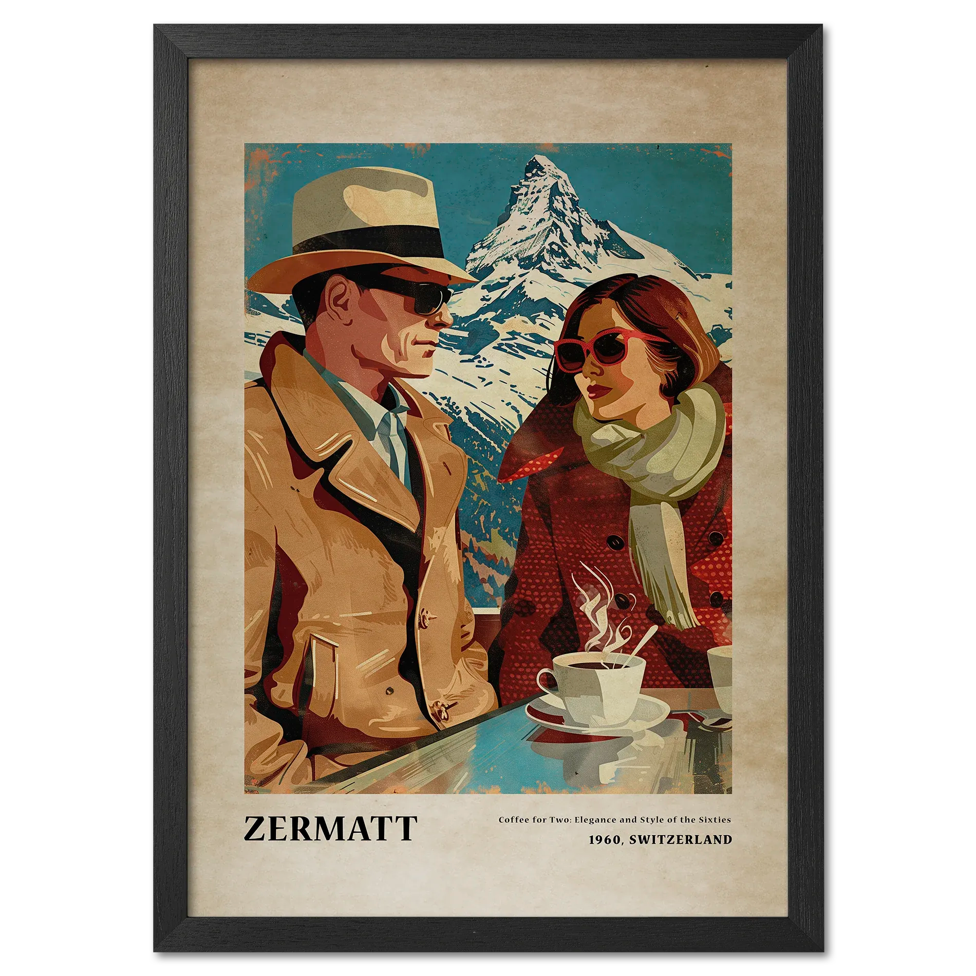 Coffee for Two,Zermatt - Poster featuring a stylish couple enjoying coffee with the Matterhorn backdrop.