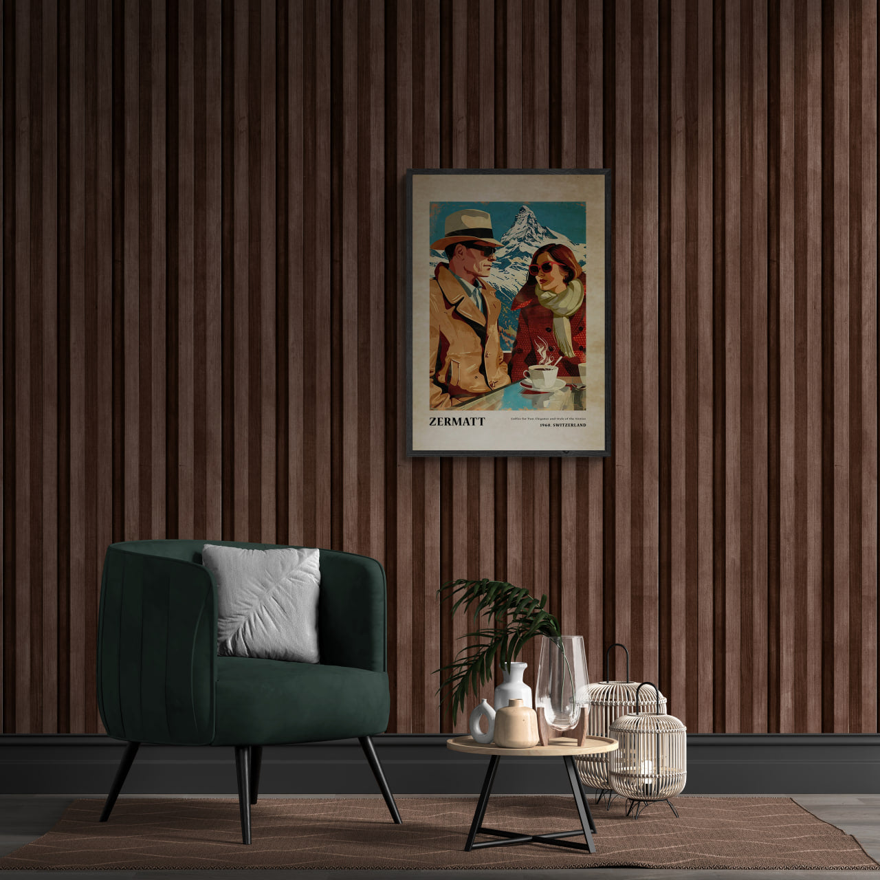 Coffee for Two,Zermatt - Poster featuring a couple with the Matterhorn backdrop in a stylish interior, perfect wall art.