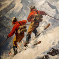 Vintage skiers on the background of the Alps - Poster featuring alpine skiers racing down a snowy slope.
