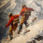 Vintage skiers on the background of the Alps - Poster featuring alpine skiers racing down a snowy slope.