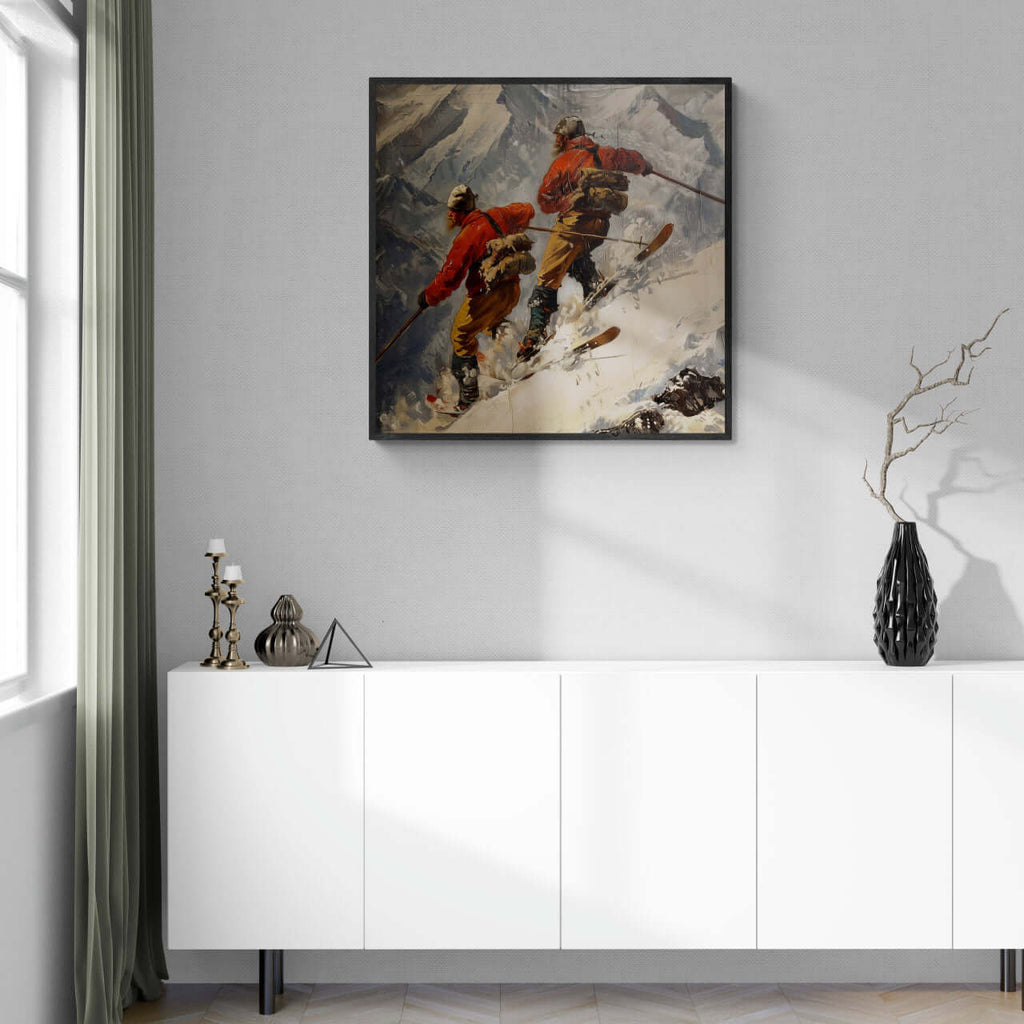 Vintage skiers on the background of the Alps - Poster displayed in a stylish living room with modern decor.
