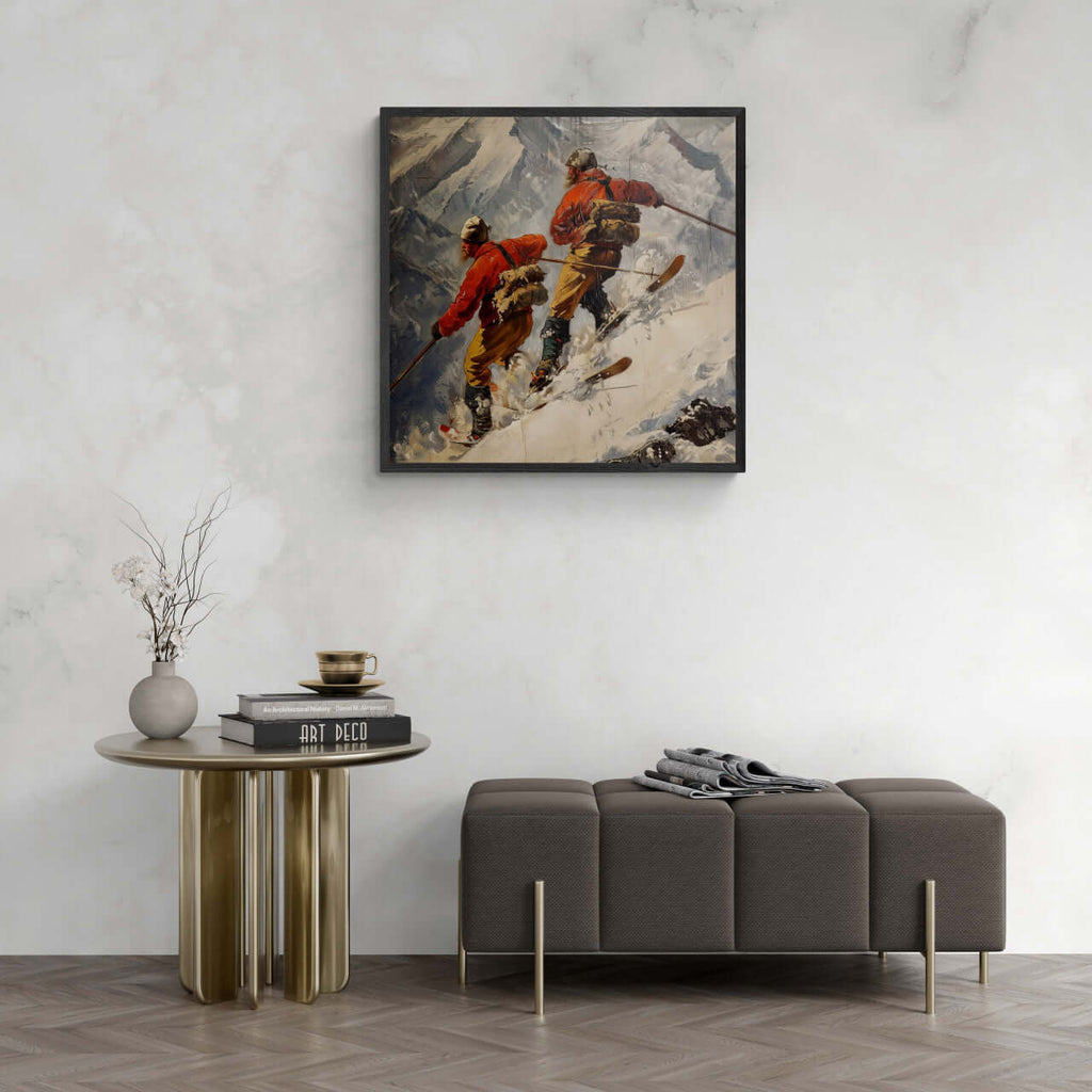 Vintage skiers on the background of the Alps - Poster displayed in a stylish interior, perfect wall art for ski lodges.