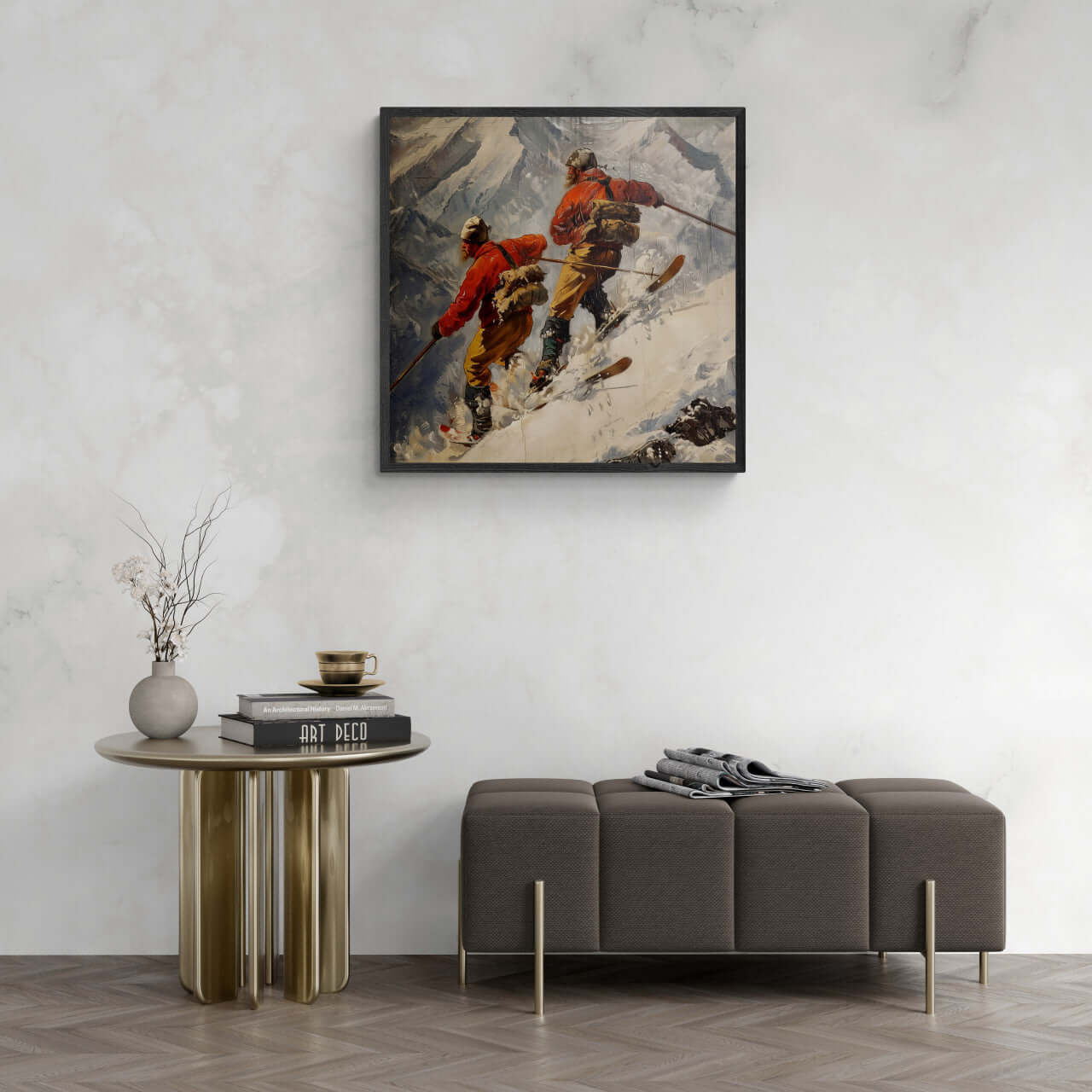 Vintage skiers on the background of the Alps - Poster displayed in a stylish interior, perfect wall art for ski lodges.