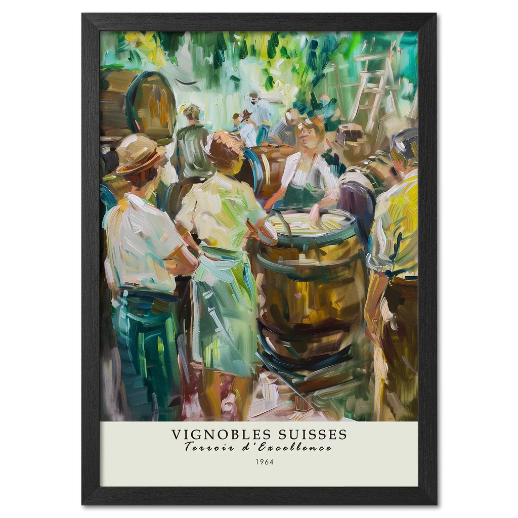 Winemaking in 1964 - Poster featuring a vibrant Swiss winemaking scene with vintners and oak barrels.