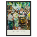 Winemaking in 1964 - Poster featuring a vibrant Swiss winemaking scene with vintners and oak barrels.