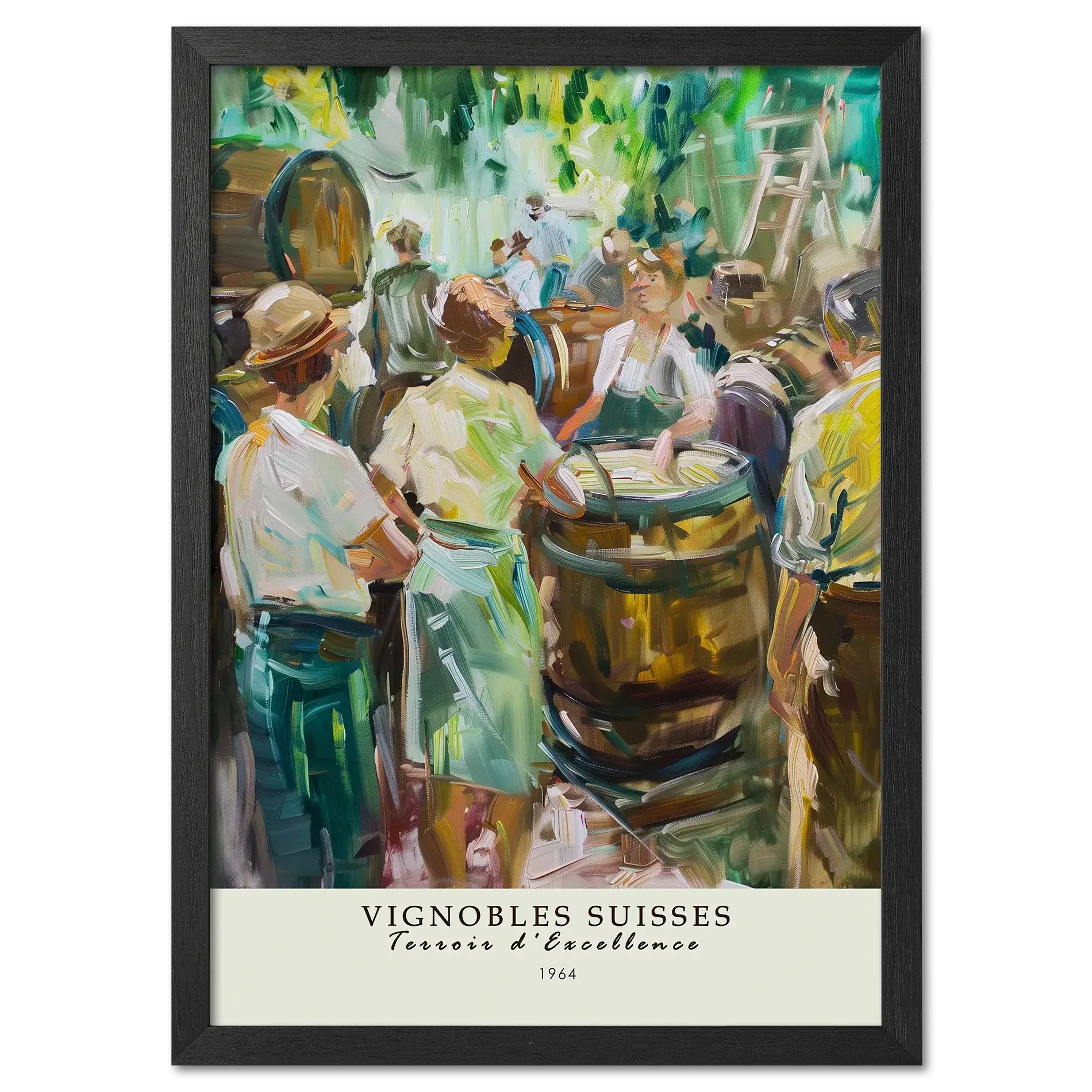 Winemaking in 1964 - Poster featuring a vibrant Swiss winemaking scene with vintners and oak barrels.
