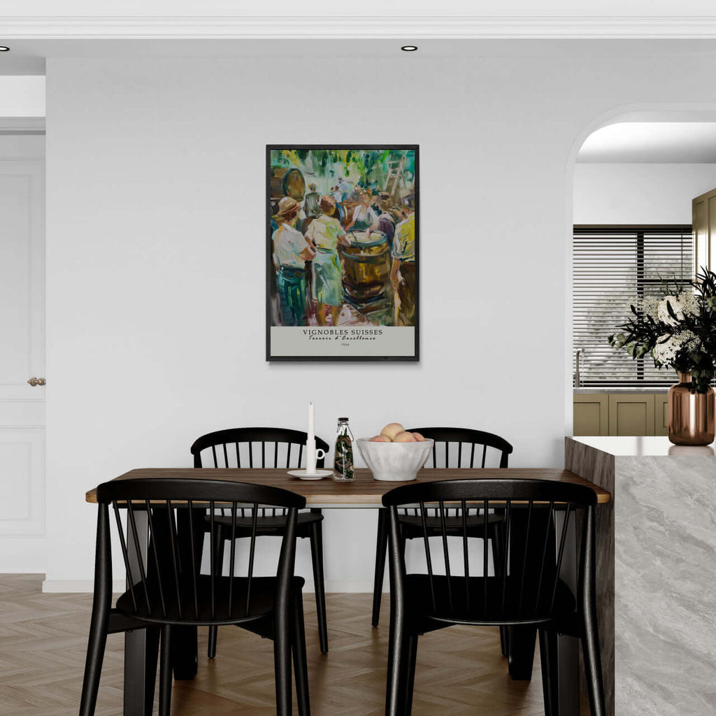 Winemaking in 1964 - Poster displayed in a modern dining room as vibrant wall art, enhancing the decor.