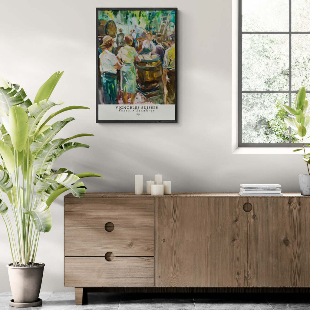 Winemaking in 1964 - Poster displayed above a wooden cabinet, featuring vibrant Swiss winemaking art, perfect wall art.
