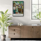 Winemaking in 1964 - Poster displayed above a wooden cabinet, featuring vibrant Swiss winemaking art, perfect wall art.