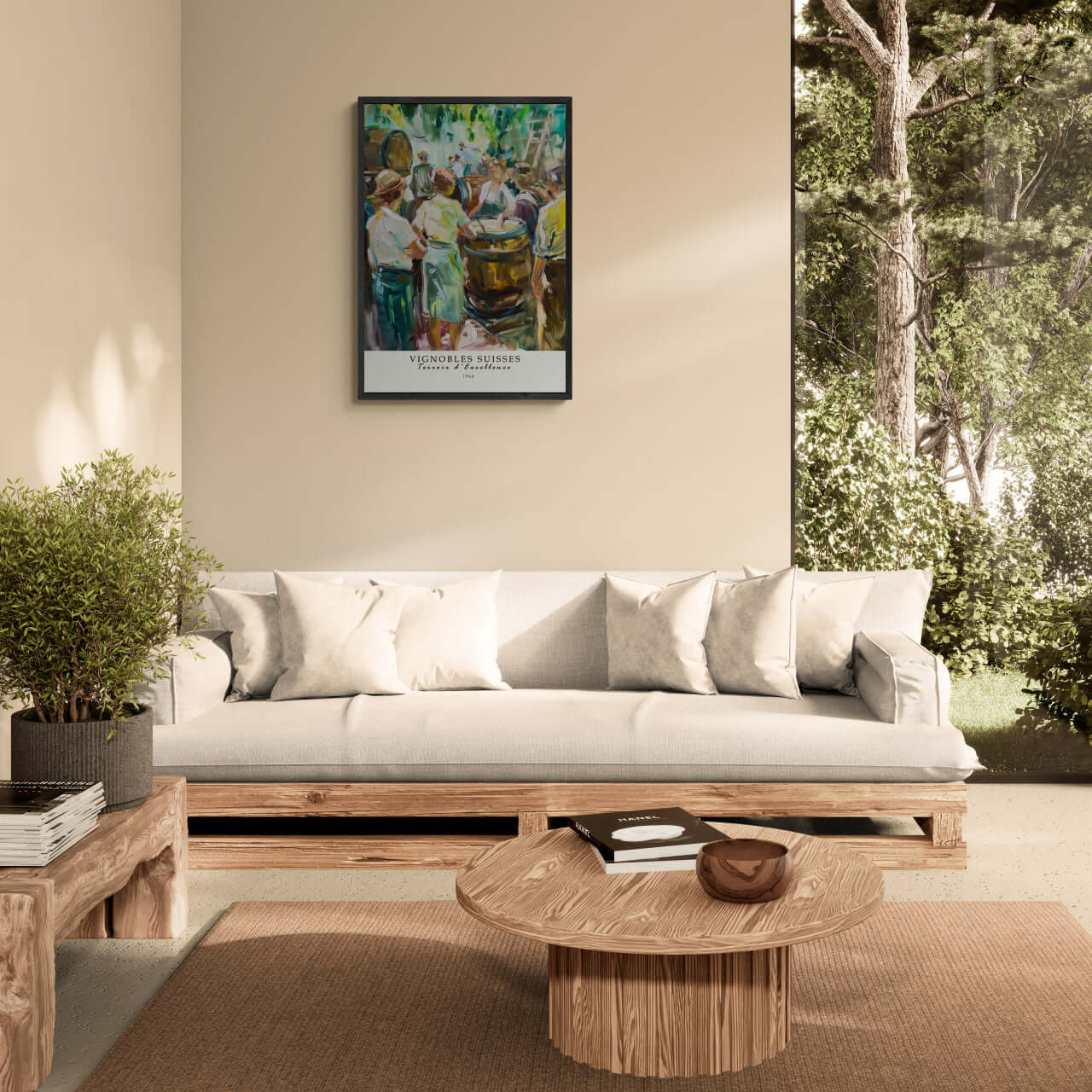 Winemaking in 1964 - Poster displayed in a modern living room with natural light and minimalist decor.