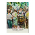Winemaking in 1964 - Poster depicting a lively Swiss vineyard scene with vintners around oak barrels.
