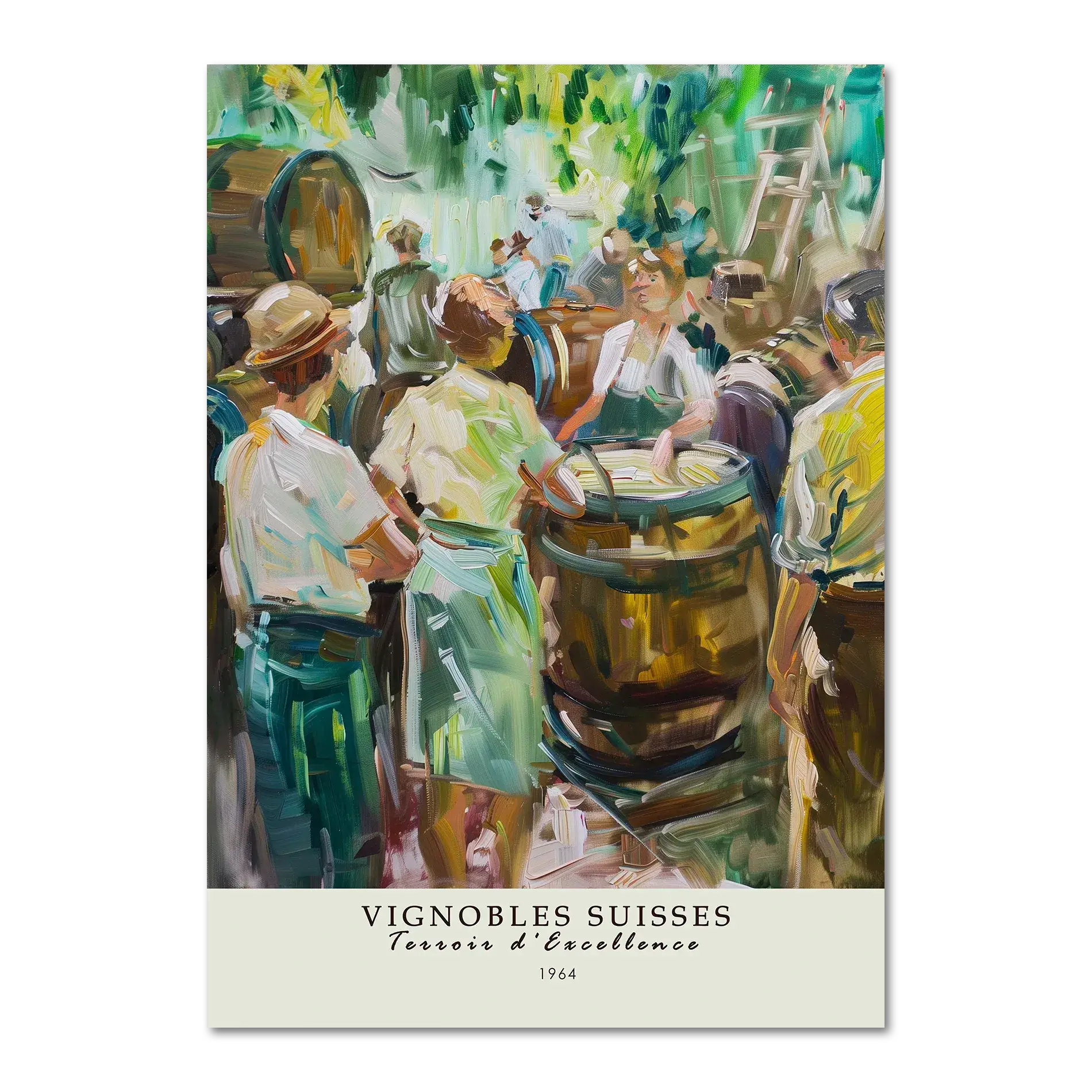 Winemaking in 1964 - Poster depicting a lively Swiss vineyard scene with vintners around oak barrels.