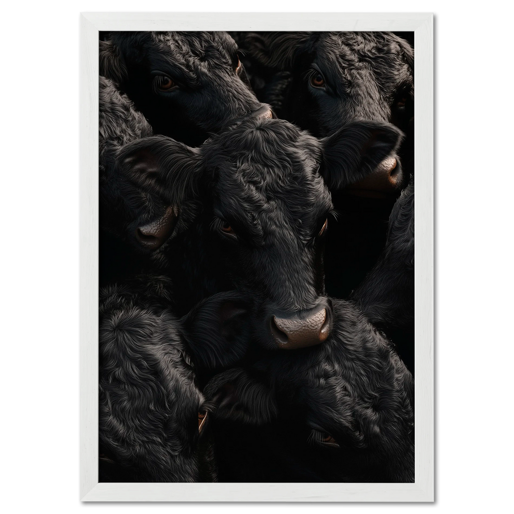 Wagyu Proximity - Poster capturing glossy black Wagyu cattle with rich textures and soft directional light.