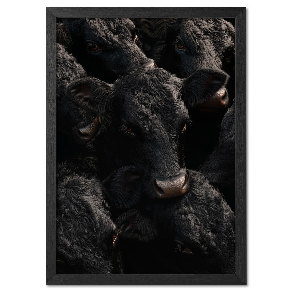 Wagyu Proximity - Poster featuring a tightly framed group of black Wagyu cattle with glossy coats.