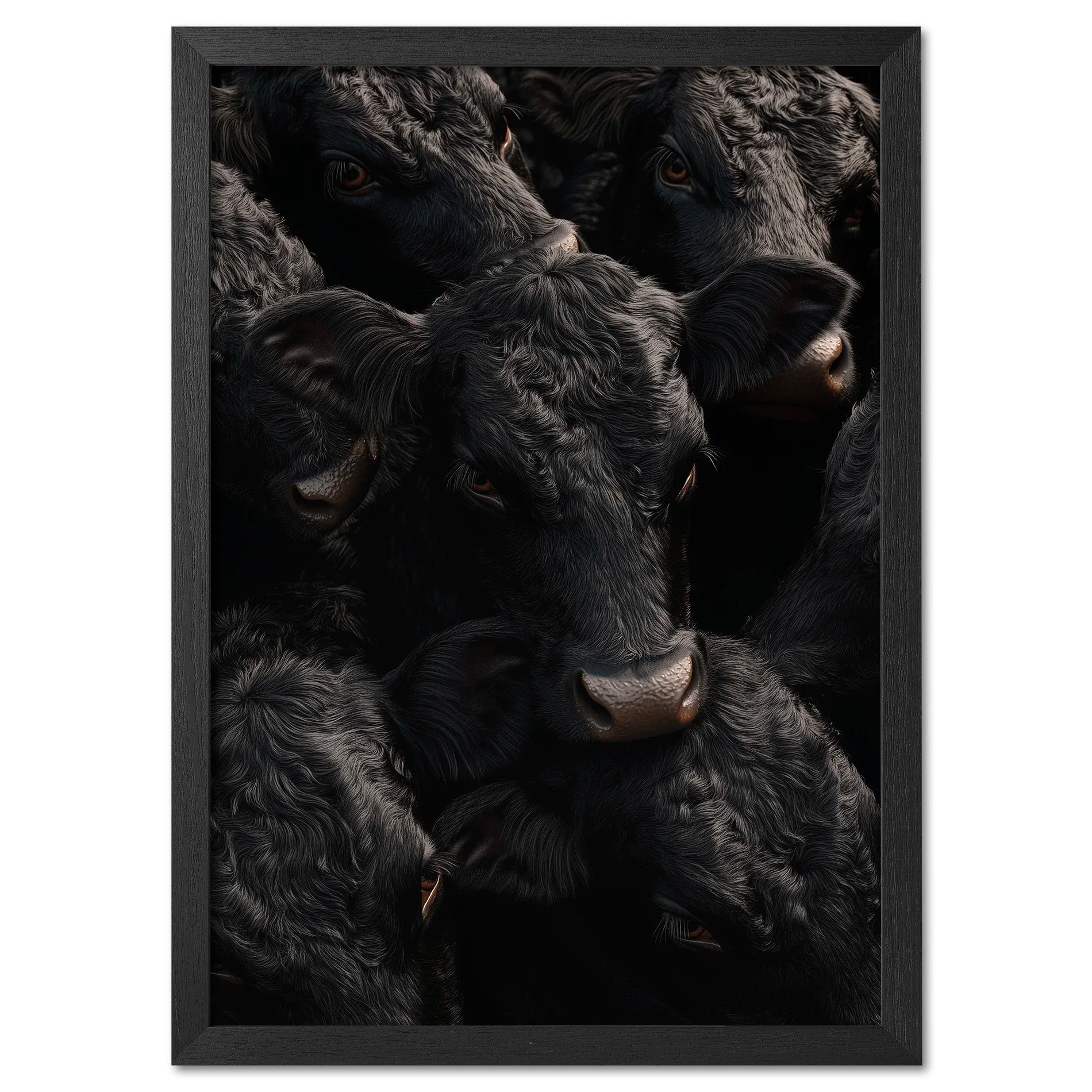 Wagyu Proximity - Poster featuring a tightly framed group of black Wagyu cattle with glossy coats.