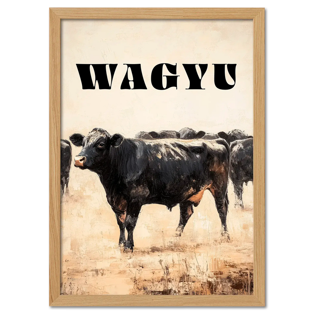 Proud Wagyu - Poster featuring a striking Wagyu cow in a rustic landscape with bold typography.