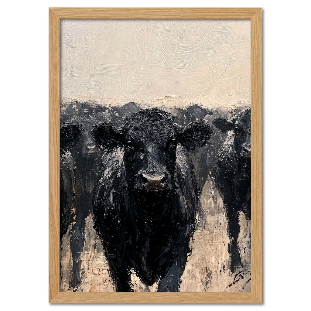 Wagyu Leader - Poster featuring a powerful black cattle in front of a herd with strong brush strokes and textures.
