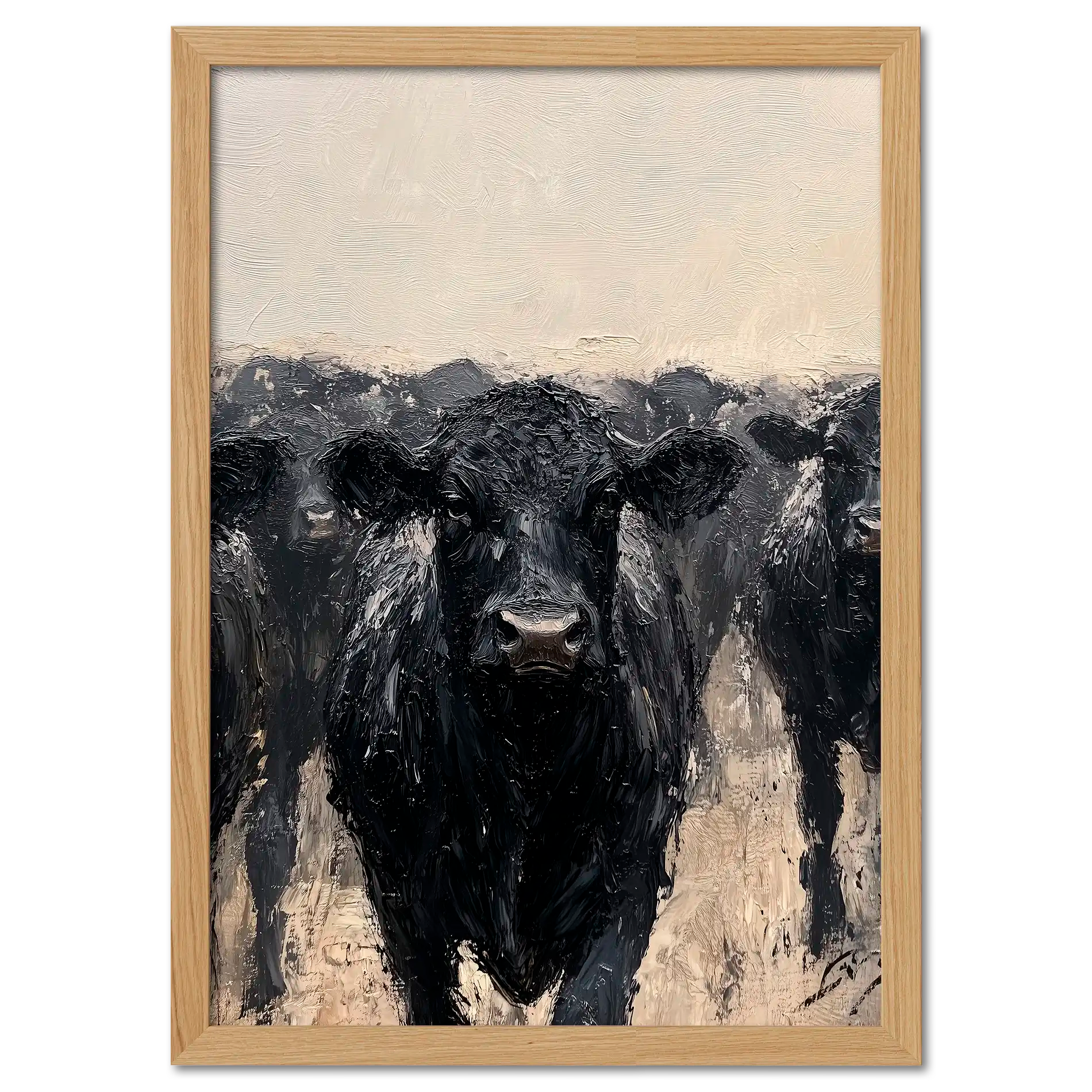 Wagyu Leader - Poster featuring a powerful black cattle in front of a herd with strong brush strokes and textures.