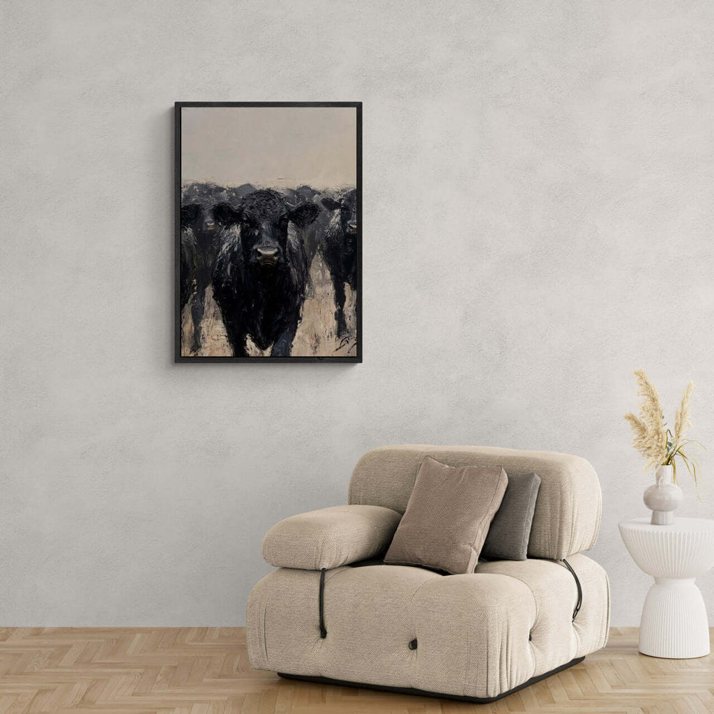 Wagyu Leader - Poster artwork featuring a strong black cattle in a herd, ideal for modern minimalist interiors.