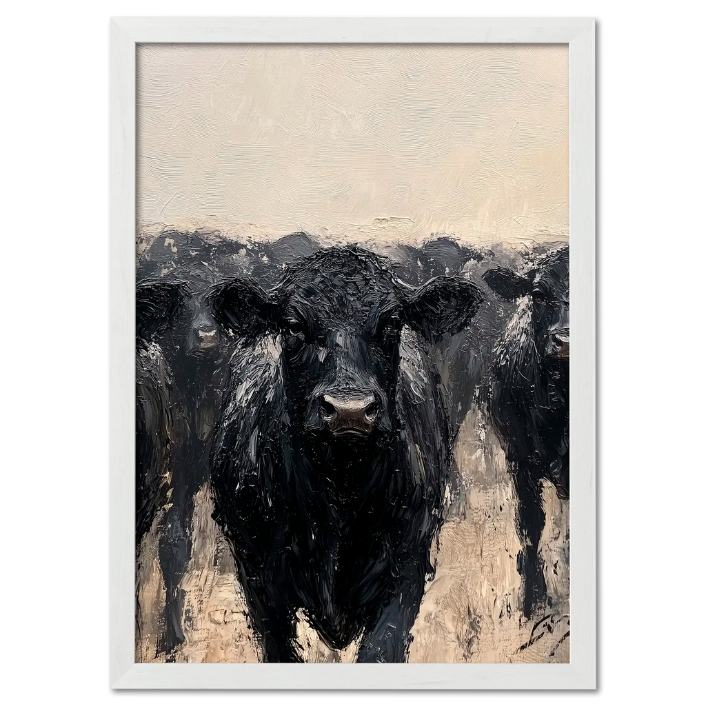 Wagyu Leader - Poster featuring a powerful black cattle leading a herd with deep textures and contrasting tones.