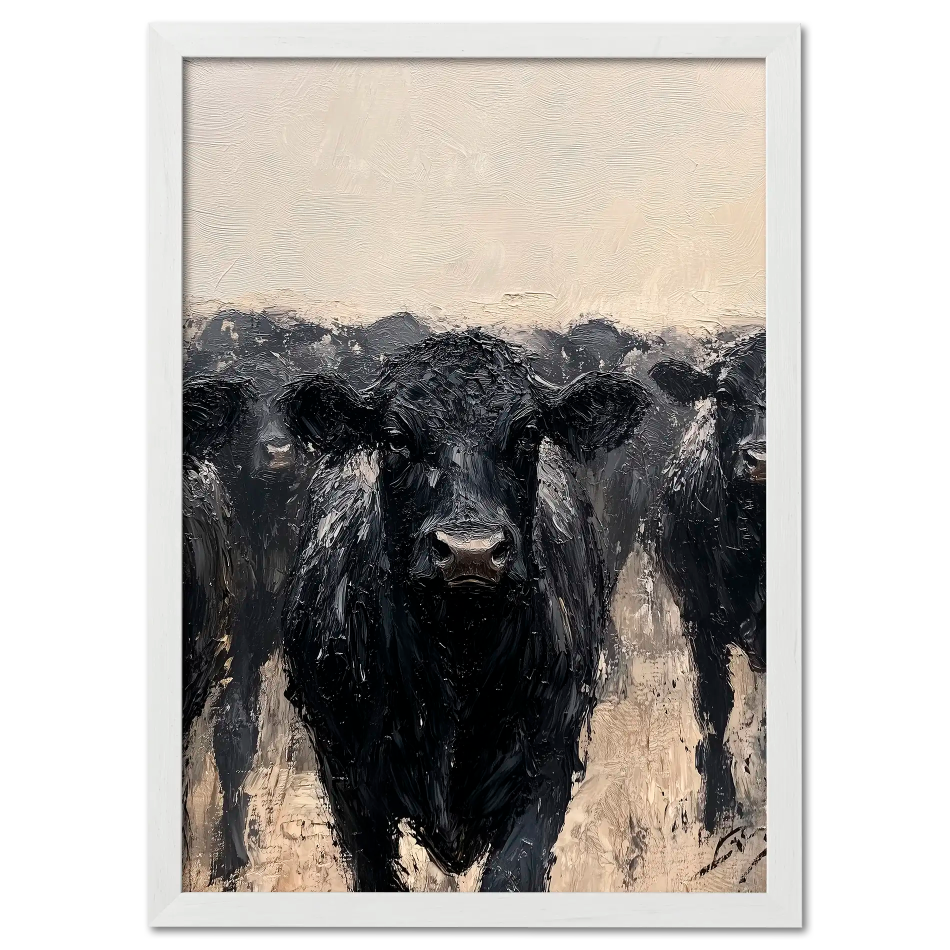 Wagyu Leader - Poster featuring a powerful black cattle leading a herd with deep textures and contrasting tones.