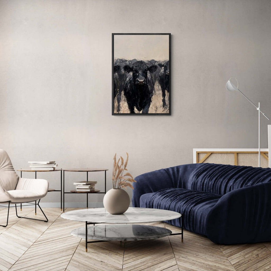 Wagyu Leader - Poster showcasing powerful black cattle in modern minimalist interior, featuring wall art on Alu-Dibond.
