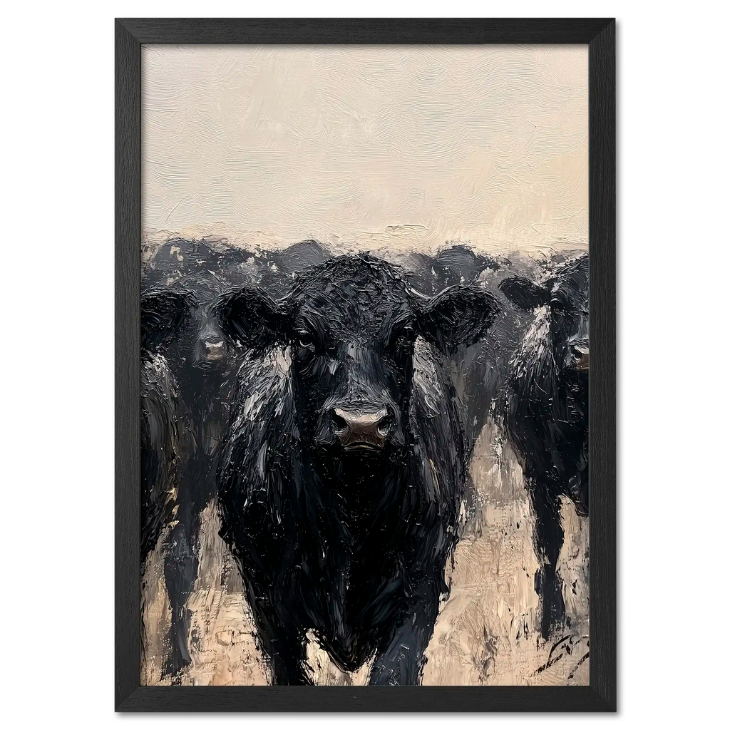 Wagyu Leader - Poster artwork featuring a powerful black cattle at the front of a herd with strong brush strokes.