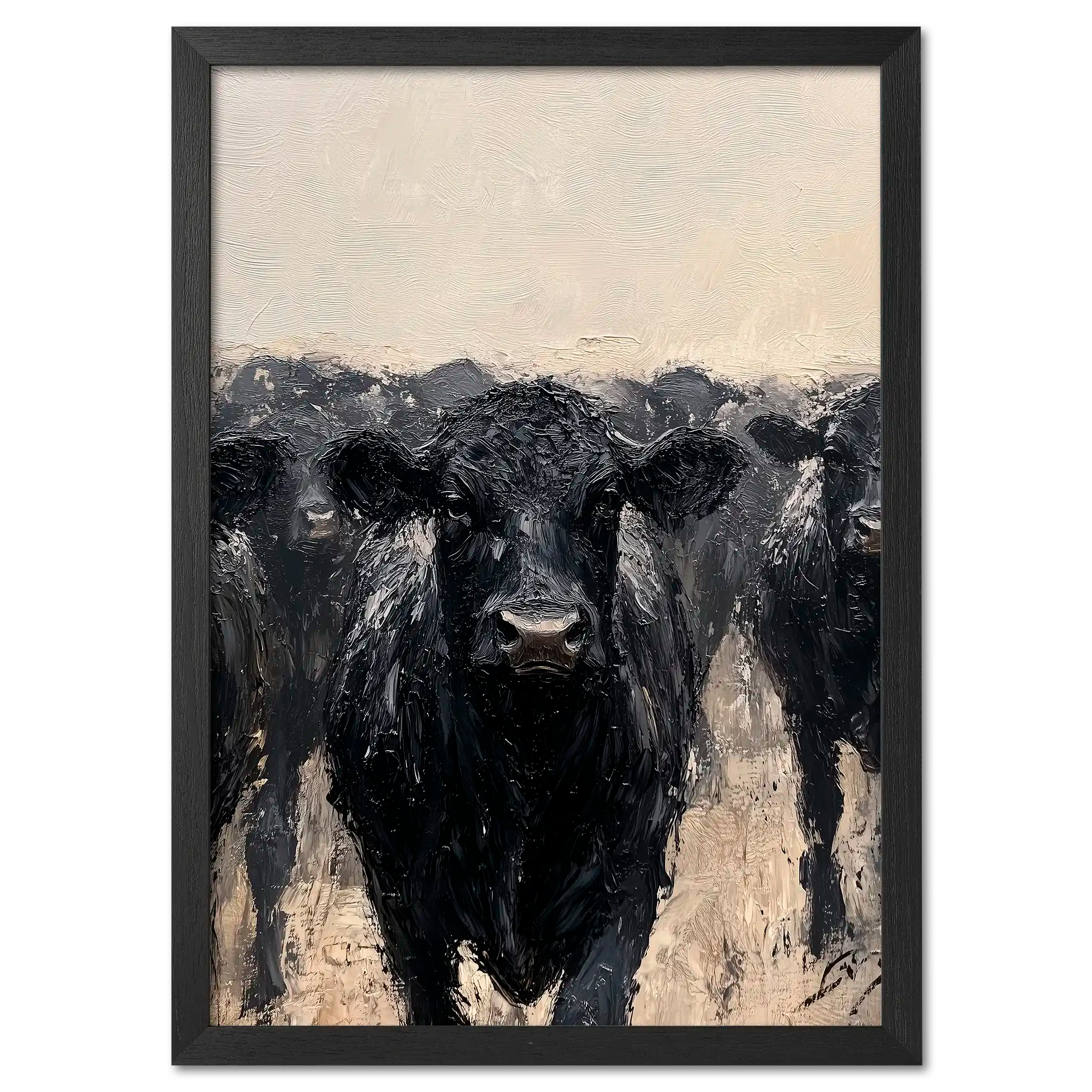 Wagyu Leader - Poster artwork featuring a powerful black cattle at the front of a herd with strong brush strokes.