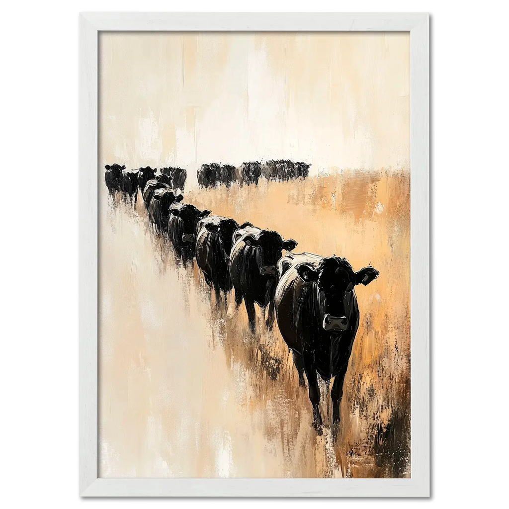 Wagyu Pride - Poster featuring a line of black cattle on a beige and earthy background in minimalist style.