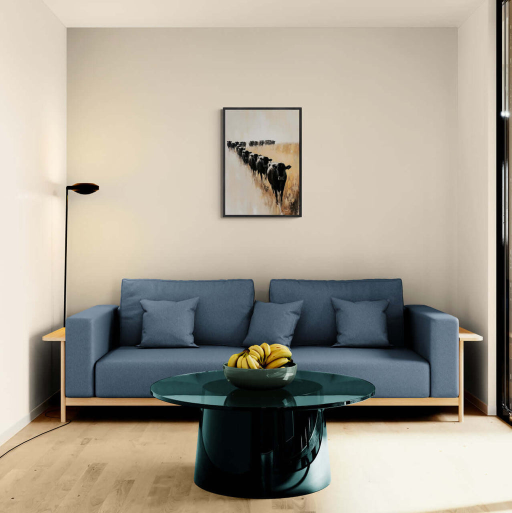 Wagyu Pride - Poster showcased in a modern living room with a blue sofa and round coffee table, ideal Wall Art.