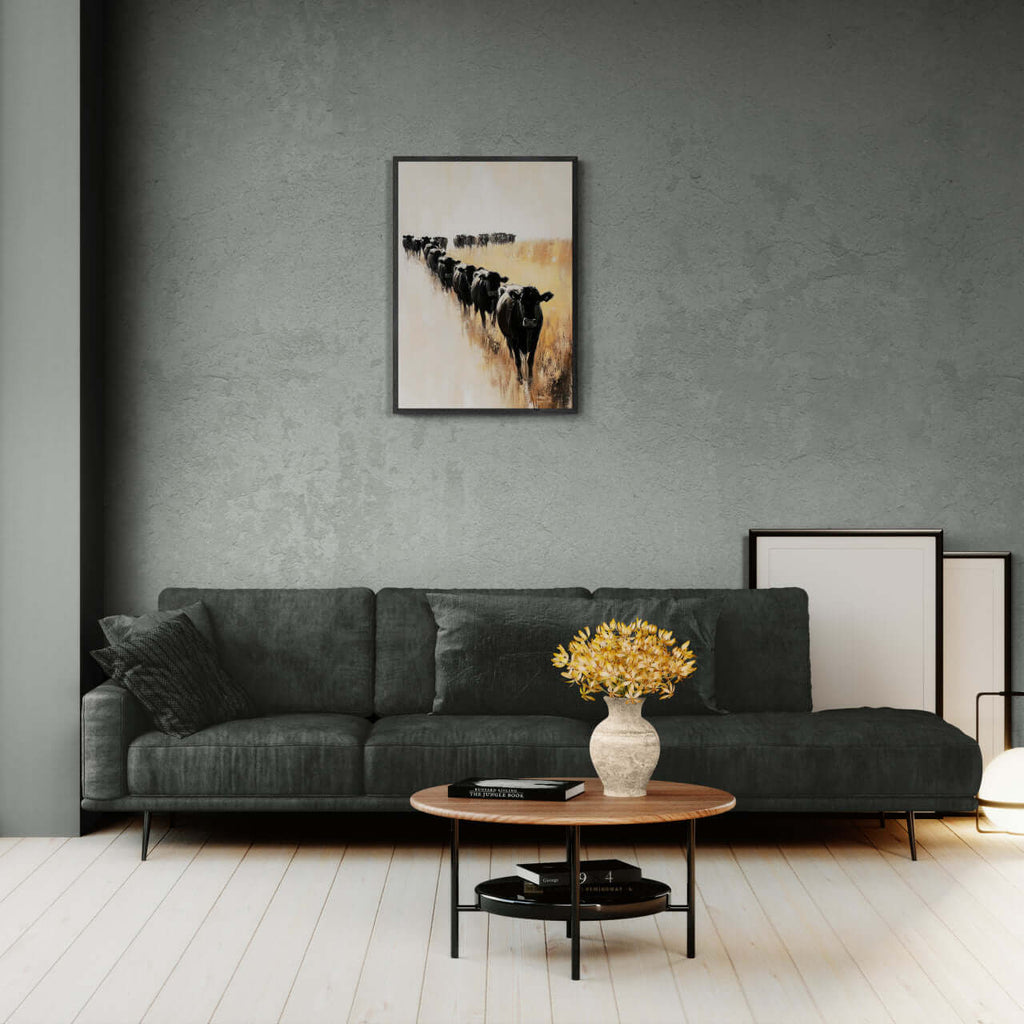 Wagyu Pride - Poster showcasing black cattle in a minimalist field setting, ideal wall art for modern interiors.