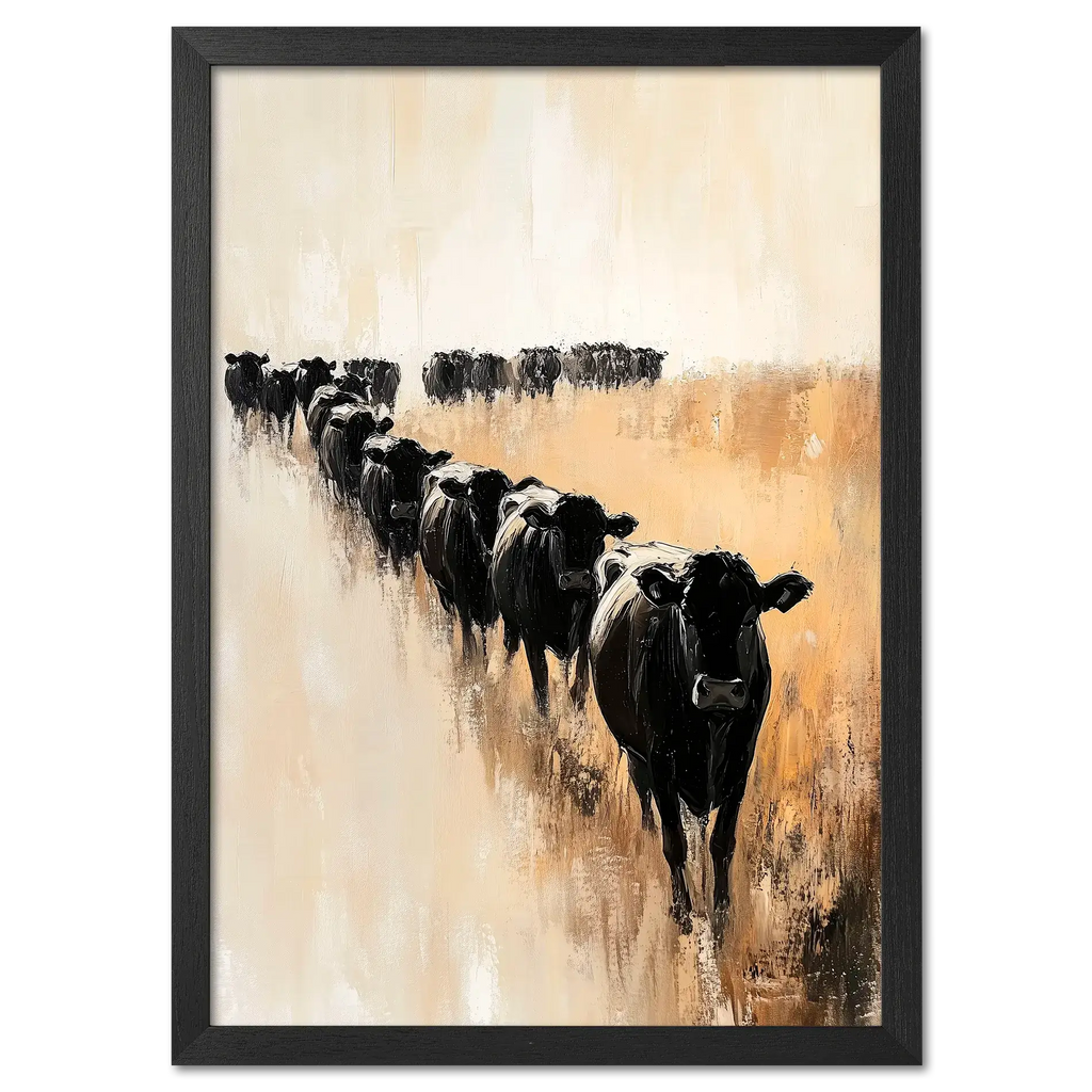 Wagyu Pride - Poster featuring a line of black cattle in a minimalist style across a beige background.