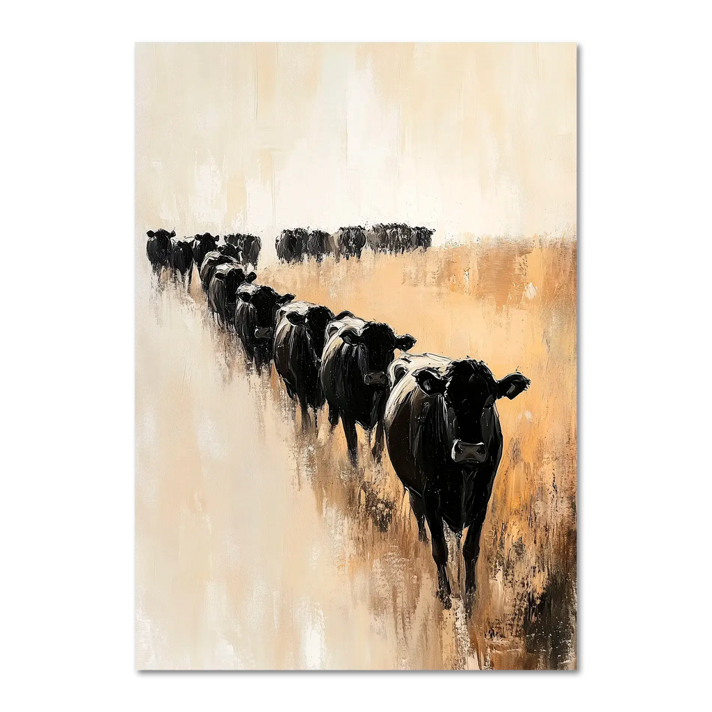 Wagyu Pride - Poster featuring a line of black cattle marching across a beige and earth-toned field in a minimalist style.