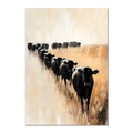 Wagyu Pride - Poster featuring a line of black cattle marching across a beige and earth-toned field in a minimalist style.