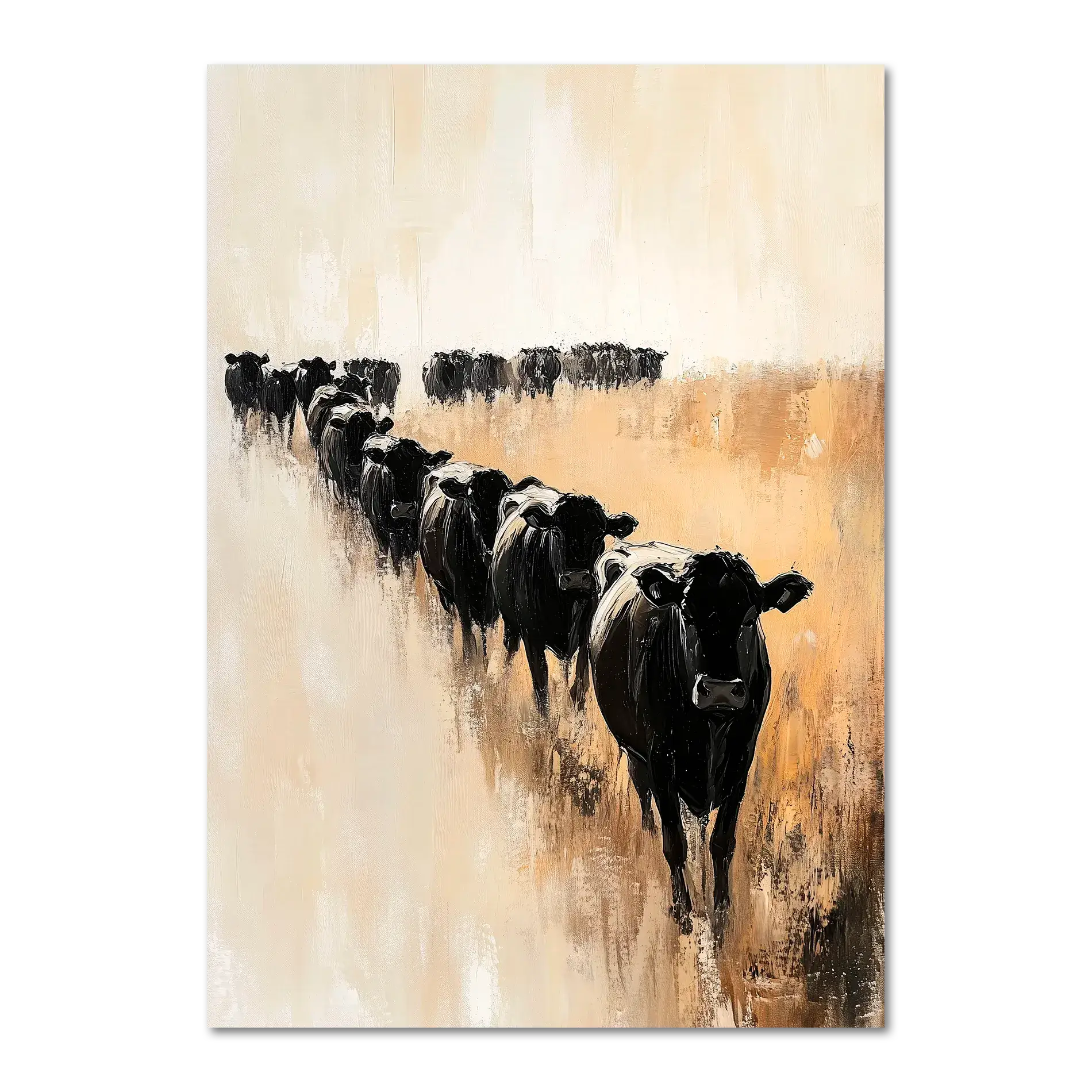 Wagyu Pride - Poster featuring a line of black cattle marching across a beige and earth-toned field in a minimalist style.