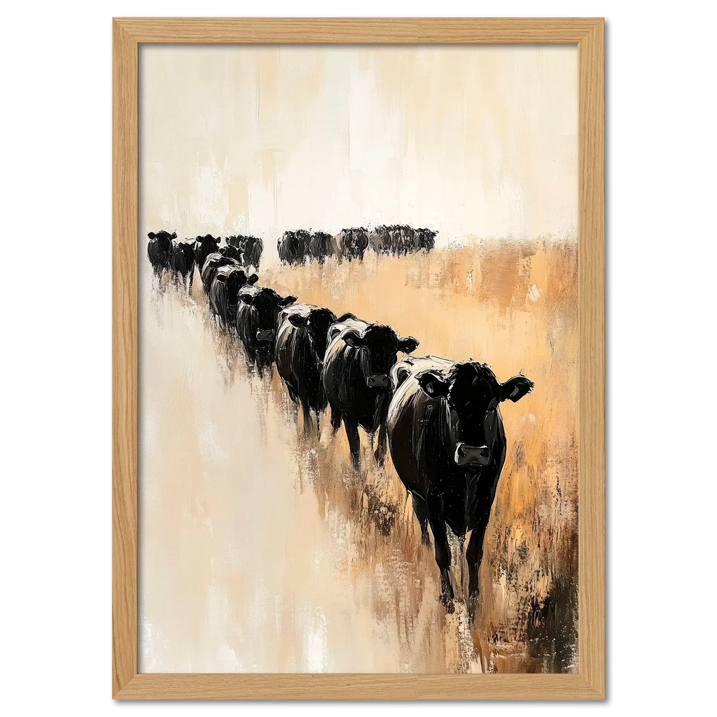 Wagyu Pride - Poster featuring a line of black cattle in a minimalist style against a soft beige background.