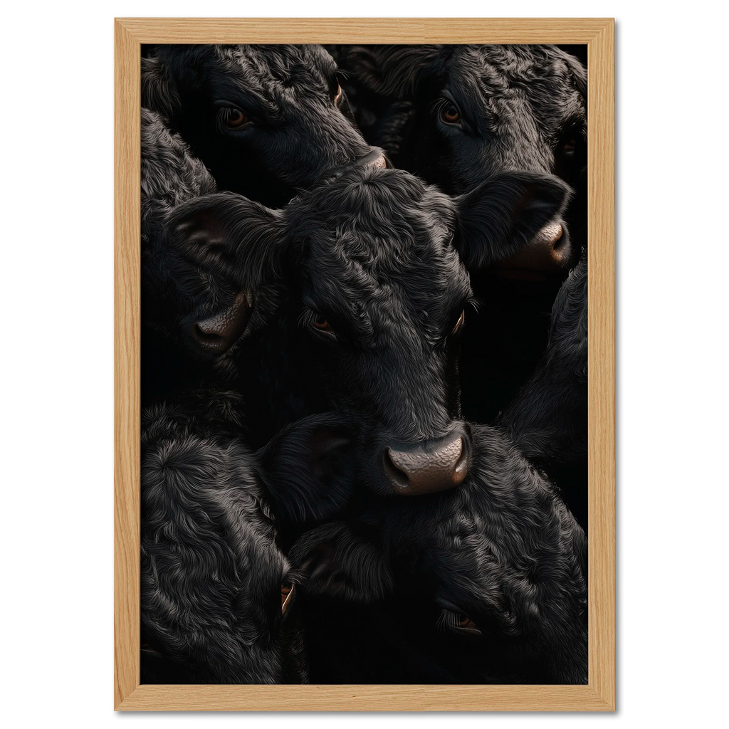 Wagyu Proximity - Poster featuring a group of black Wagyu cattle with glossy coats in rich shadows.