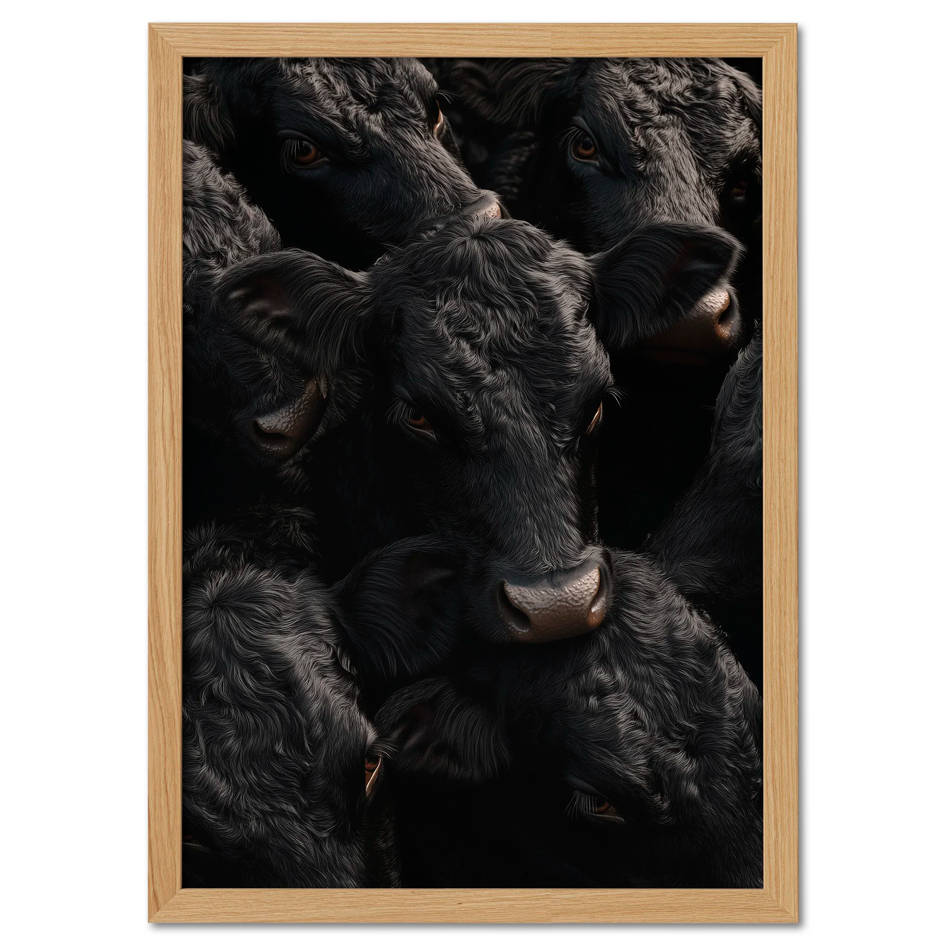 Wagyu Proximity - Poster featuring a group of black Wagyu cattle with glossy coats in rich shadows.