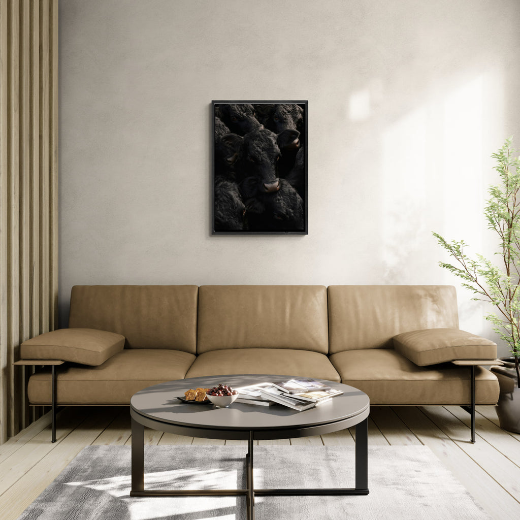 Wagyu Proximity - Poster featuring black Wagyu cattle in modern interior setting, wall art on Alu-Dibond.